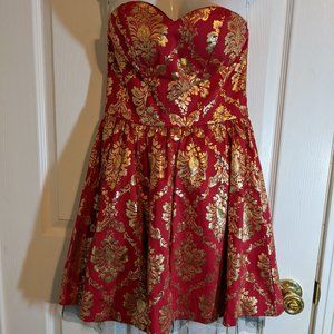 Dygarni California Red & Gold Foil Strapless Empire Waist Mini Dress - M